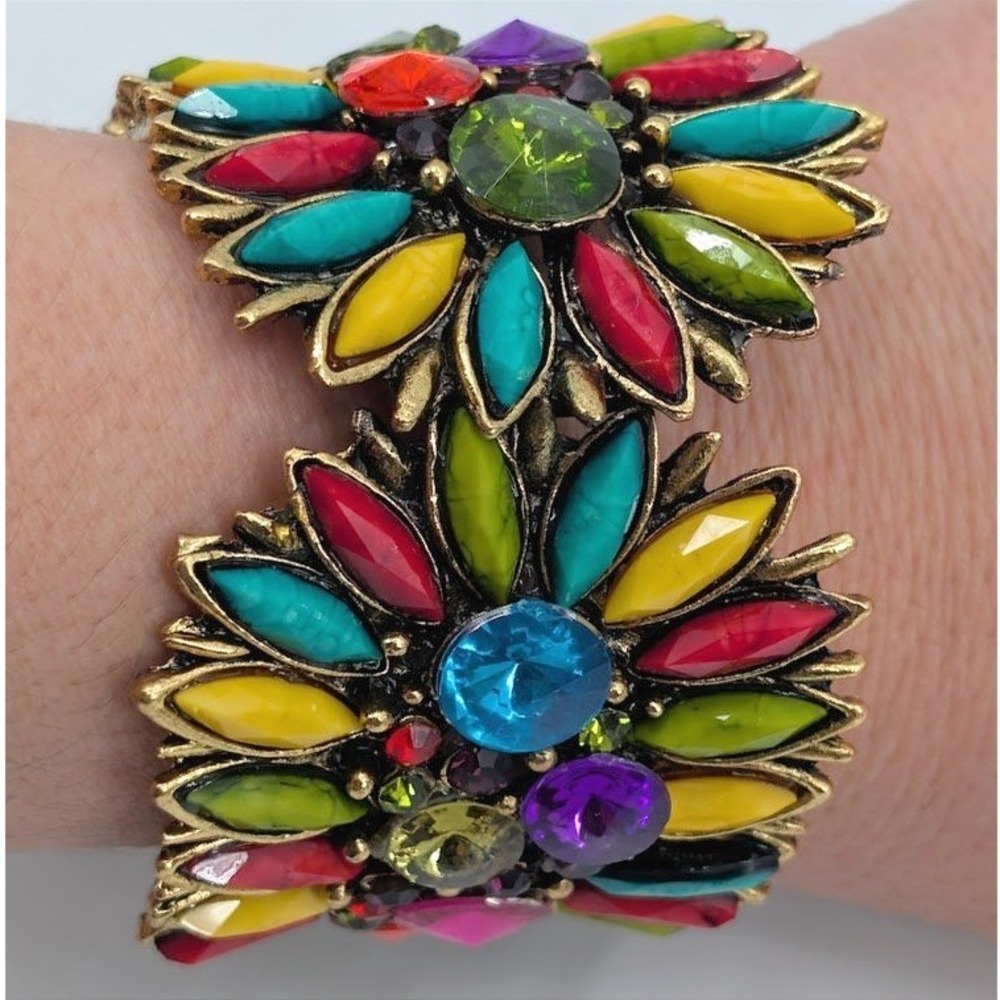 VTG Rainbow Floral Bracelet‎ Bypass Hinged Bold Statement Mod Pop Art